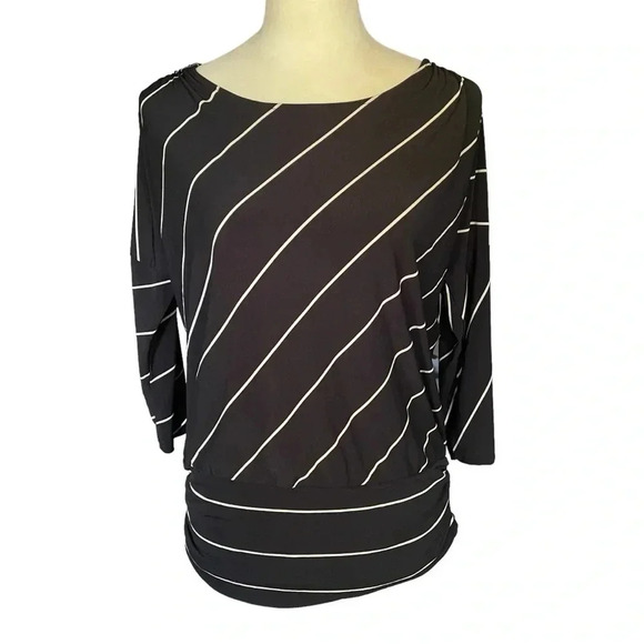 Chico’s Tan Neutral Stripes Ruched Waist Black Top Women Size 1 (M) - Picture 3 of 9